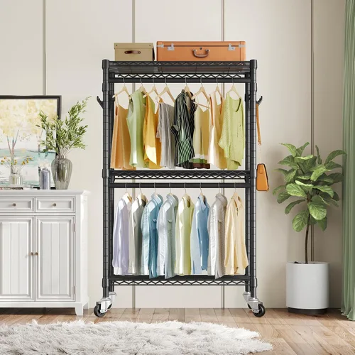 Vista 9 de VIPEK R2 Perchero de ropa resistente para colgar ropa, estante de prendas rodante ajustable con barras dobles y ganchos, armario independiente
