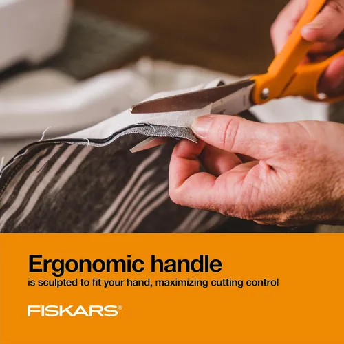 Vista 6 de Fiskars Tijeras originales de acero inoxidable con mango naranja de 8 pulgadas, ergonómicas y mantienen el material plano, tijeras afiladas