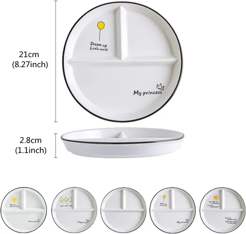 Vista 2 de Platos divididos de porcelana para niños, placas redondas de control de porciones para pérdida de peso para adultos, platos llanos con compartimento