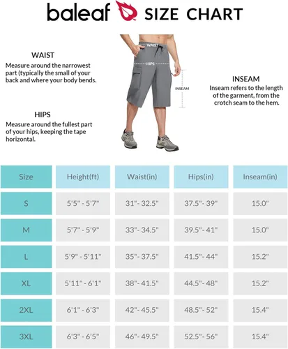 Vista 7 de BALEAF Men's Long Shorts Below Knee 15" Capri Pants Hiking Cargo Pockets Quick Dry Lightweight Elastic Waistband Gym