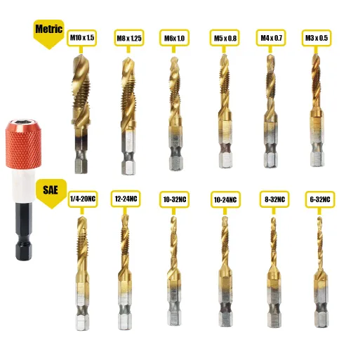 Vista 2 de Juego de brocas combinadas de titanio, 13 piezas, SAE y métricas, kit de brocas para roscas de tornillo, roscado, desbarbado, avellanado