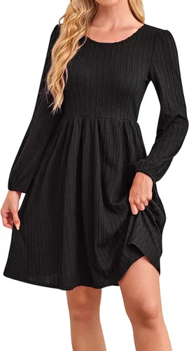 Vista 7 de Zaswen Vestido casual de punto para mujer, cuello redondo, manga larga, acampanado, vestidos de color sólido con bolsillos para primavera y otoño