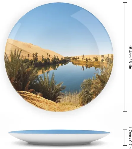 Vista 2 de XISUNYA Plato decorativo de 6 pulgadas, artesanía de cerámica del desierto, Oasis idílico Awbari Sand Sea Sahara Libia Pond Print Ornament Plate