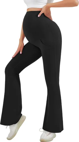 Vista 6 de HEGALY Leggings acampanados de maternidad para mujer sobre el vientre, pantalones casuales de yoga para embarazo, con bolsillos, suaves como