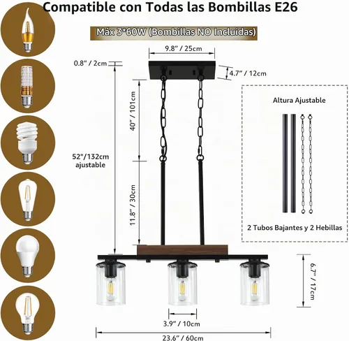 Vista 4 de Lámpara de isla de cocina de 23.6 pulgadas, lámpara de 3 luces para comedor sobre mesa, lámpara colgante de techo de madera rústica moderna negra