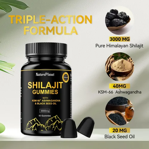 Vista 5 de NaturePlanet Gomitas Shilajit para hombres y mujeres, con aceite de semilla negra y ashwagandha, apoyo para la recuperación muscular, salud