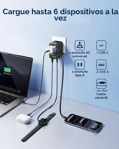Vista 4 de Baseus Adaptador de enchufe de viaje europeo de 45W, adaptador de corriente universal 6 en 1 con cable retráctil USB-C, carga rápida PD GaN