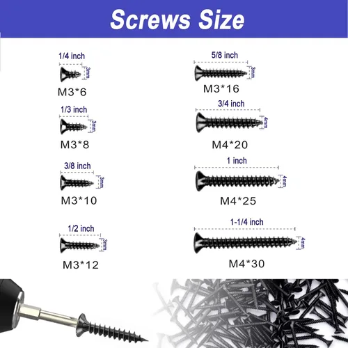 Vista 2 de Kit surtido de 480 tornillos para madera, juego de tornillos pequeños M3 M4, tornillos autorroscantes Phillips de cabeza plana, tornillo