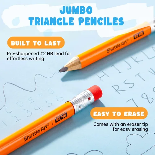 Vista 3 de Shuttle Art Lápices jumbo – Paquete de 36 lápices triangulares preafilados #2 HB con borradores y sacapuntas superiores, para niños de 4 a 6 años