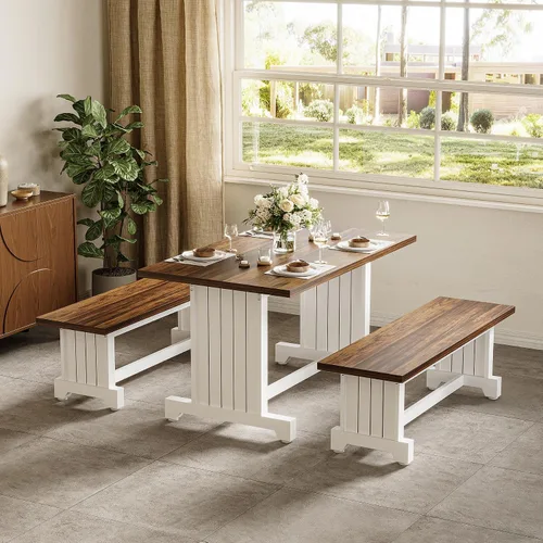 Vista 2 de LITTLE TREE Juego de mesa de comedor para 4 personas con 2 bancos, mesa de cocina moderna con tablero de MDF, comedor que ahorra espacio