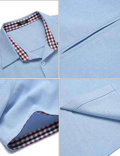 Vista 5 de COOFANDY Camisa de vestir Oxford de manga corta para hombre, camisa de trabajo con botones de cambray, camisas casuales con cuello a cuadros