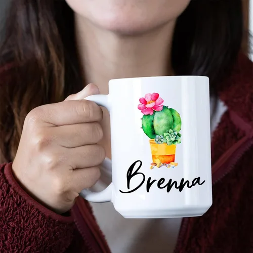 Vista 3 de Taza de café personalizada de cactus, taza de flores de cactus con nombre, taza de té de cactus, taza de cerámica con nombre personalizado, regalos