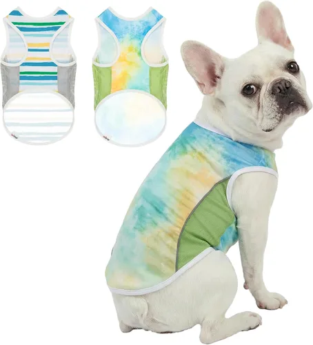 Vista 32 de Camiseta para perro con protección solar UPF 50+, paquete de 2 chalecos ligeros sin mangas para perros pequeños y niñas, tiras reflectantes, ropa