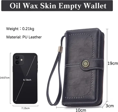 Vista 3 de PORRASSO Cartera de mujer Bolso de cuero con tarjetero para teléfono celular con correa para la muñeca, Negro -, Classic