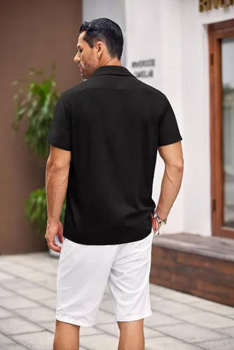 Vista 4 de COOFANDY Camisa de lino cubano para hombre, manga corta, verano, playa, guayabera