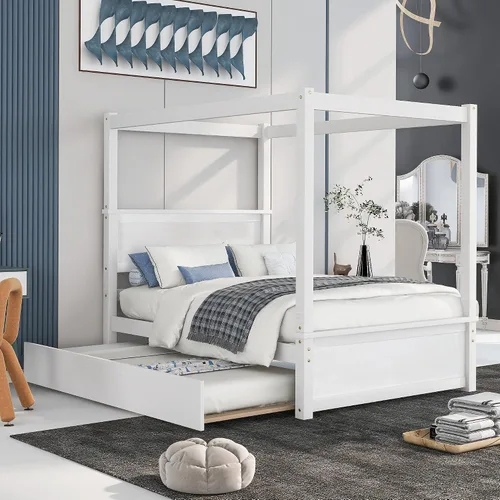 Vista 10 de Cama de plataforma de tamaño matrimonial, cama con dosel de madera con 2 cajones, cama de plataforma con dosel de tamaño matrimonial con listones