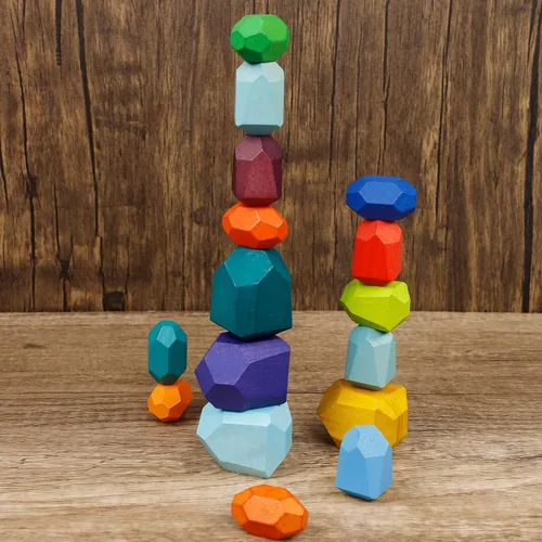 Vista 5 de Cllayees 16 piezas de bloques apilables de madera, rocas de construcción, piedras de madera maciza de colores, juegos educativos preescolares