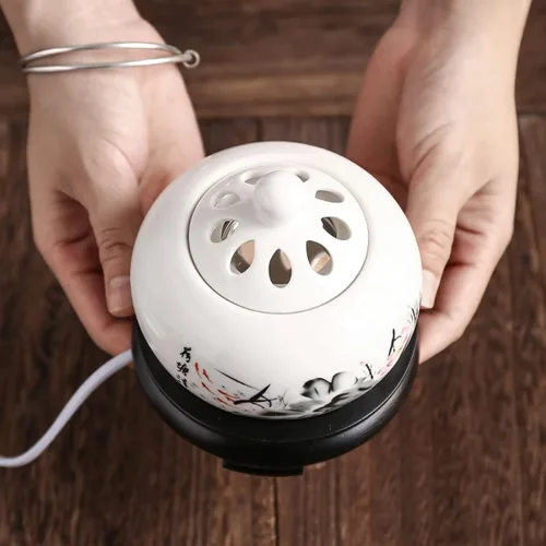 Vista 2 de Quemador de incienso eléctrico con temporizador, quemador de fragancia de cerámica de temperatura ajustable, difusor de aceite perfumado de resina