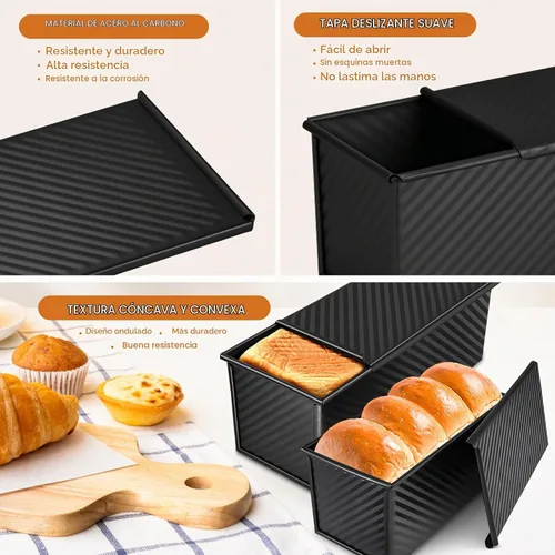 Vista 6 de Paquete de 2 moldes para pan con tapas – Capacidad de masa de 2.2 libras y 1 libra, moldes para pan de acero al carbono antiadherentes para pan