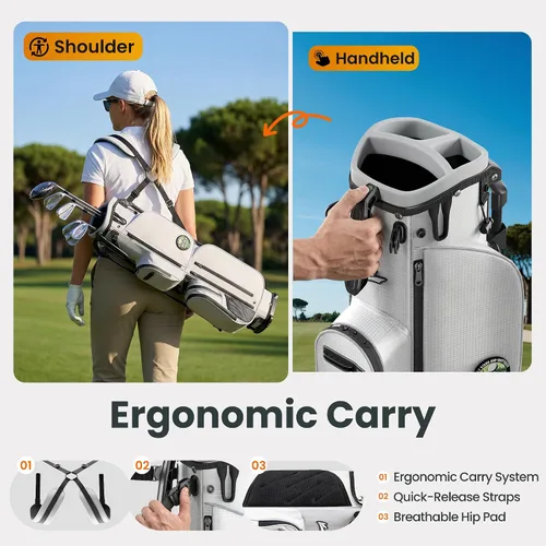 Vista 6 de Bolsa de golf ligera de 3 vías, bolsa compacta de transporte/rango para 6 a 8 palos, asa superior, doble correa, múltiples bolsillos, ideal
