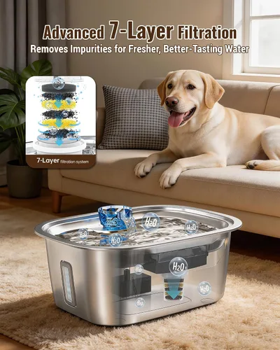 Vista 5 de PETNF Fuente de agua de acero inoxidable de 3 galones para perros grandes, dispensador de tazón de agua para perros con 2 filtros, ventana de agua