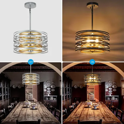 Vista 5 de ACNKTZ Lámpara Colgante de Tambor de 12.6'', Luminaria Colgante, Candelabro Retro Semi Empotrado, Candelabros Plateados para Comedor Dormitorio