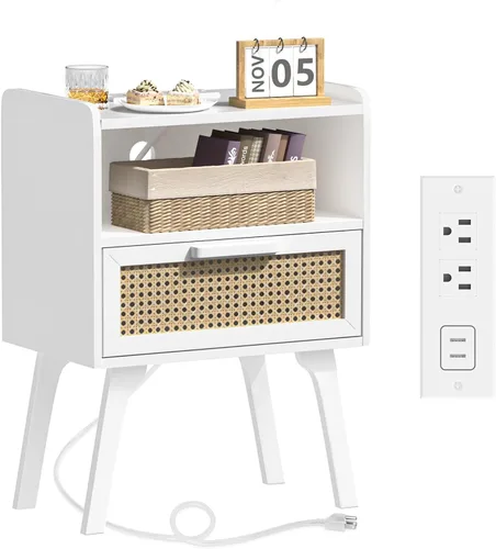 Vista 16 de Lerliuo Rattan Nightstand with Charging Station, Boho Night Stand Natural