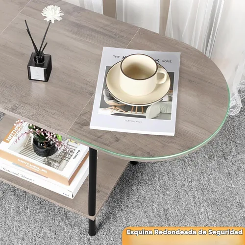 Vista 4 de Shinoske - Mesas de centro para sala de estar, mesa de centro de 2 niveles, mesa central ovalada pequeña de estilo industrial moderno con estante