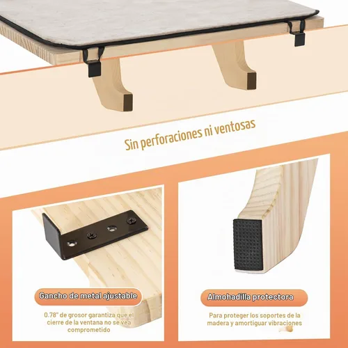 Vista 6 de Percha de Ventana para Gatos Petsfit, Hamaca de Gato de Madera Maciza Natural con Estera de Forro Polar Desmontable, Percha de Ventana Fácil