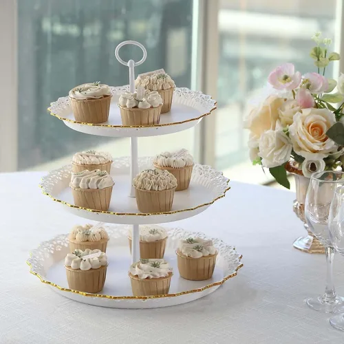 Vista 20 de Efavormart - Soporte de plástico transparente para cupcakes de 3 niveles con borde barroco dorado en relieve, soporte redondo de postres