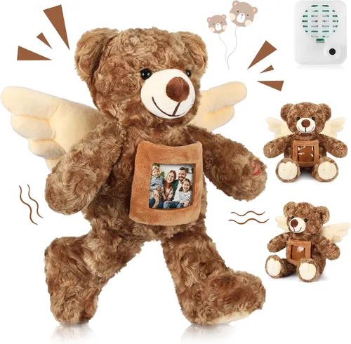 Vista 8 de Leyndo Oso de recuerdo de ángel de 12 pulgadas con grabador, juguete de peluche suave con un marco de fotos para baby shower, fiesta de cumpleaños