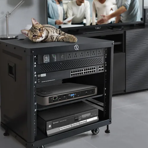 Vista 4 de RIVECO POMU - Estante estéreo y de estudio de 6U con ruedas giratorias, gabinete de red rodante, estante de audio de marco abierto para grabación