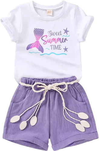 Vista 11 de YOUNGER TREE - Conjunto de ropa para bebés y niñas, camiseta de sandía y pantalones cortos de lino con cinturón, conjunto de verano lindo Abeja feliz