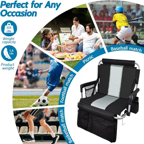 Vista 4 de Asientos portátiles para estadio con respaldo y reposabrazos, sillas plegables con respaldo y cojín grueso, silla deportiva acolchada ancha con Gris