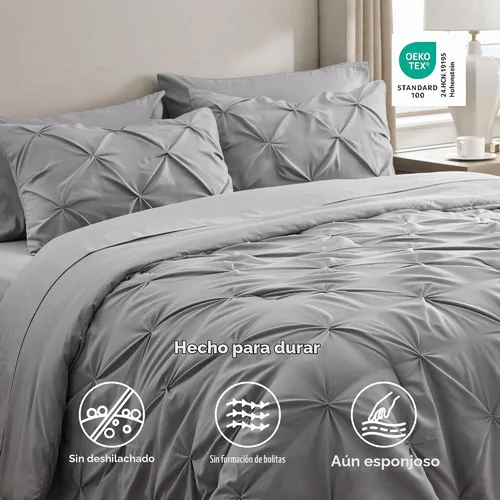 Vista 7 de Bedsure - Juego de edredón tamaño individual gris - Ropa de cama tamaño individual en una bolsa de 5 piezas, juego de cama Pintuck GentleSoft™
