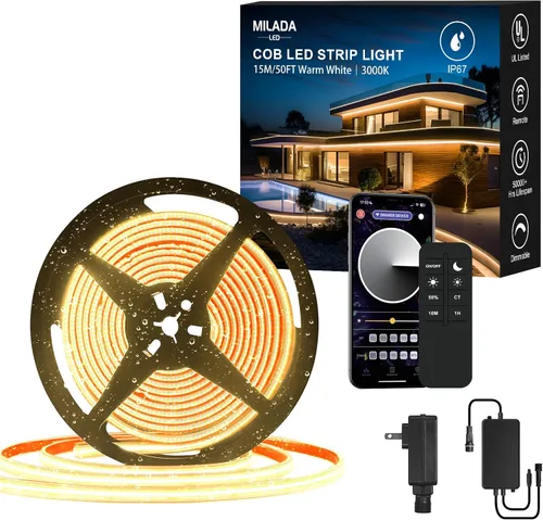Vista 10 de Tira de luces LED COB de 20 pies para exteriores IP67 impermeable, 6M, CC flexible 24V, control remoto y aplicación, regulable, blanco cálido 3000