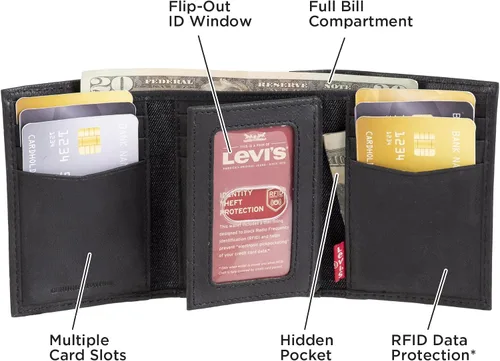 Vista 4 de Levi's Men's Trifold Wallet-Sleek and Slim Includes Id Window and Credit Card Holder