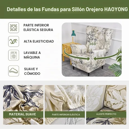 Vista 4 de HAOYONG Fundas para silla de alas estampadas, 2 piezas, fundas elásticas para sillón con respaldo de ala, fundas protectoras lavables para sala