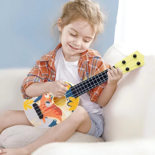 Vista 5 de YOLOPLUS+ Ukelele de juguete para niños, juguete musical de guitarra para niños, 4 cuerdas de acero de 17 pulgadas, con púa, juego educativo