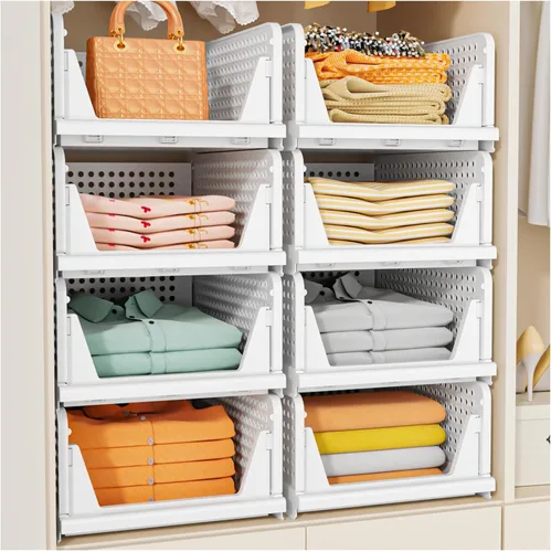 Vista 9 de SNSLXH Paquete de 5 cajas organizadoras apilables de armario, cesta de almacenamiento multifuncional y plegable para baño, cocina, lavandería
