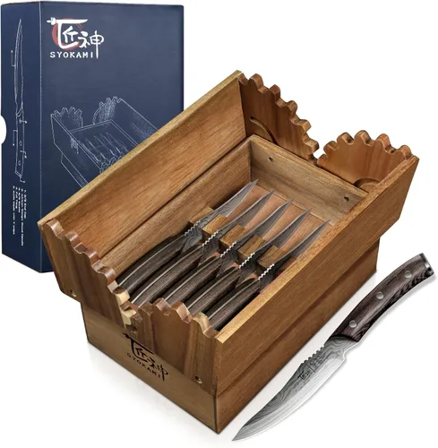 Vista 12 de SYOKAMI Juego de 2 cuchillos para carne, 4.8 pulgadas, estilo japonés de alta gama, filo fino con mango de madera, diseño de espiga completa