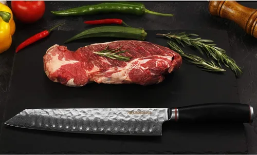 Vista 8 de YOUSUNLONG Kiritsuke - Cuchillo de chef japonés de acero Danascus de 10 pulgadas, afilado, mango de madera de plomo natural con funda de cuero