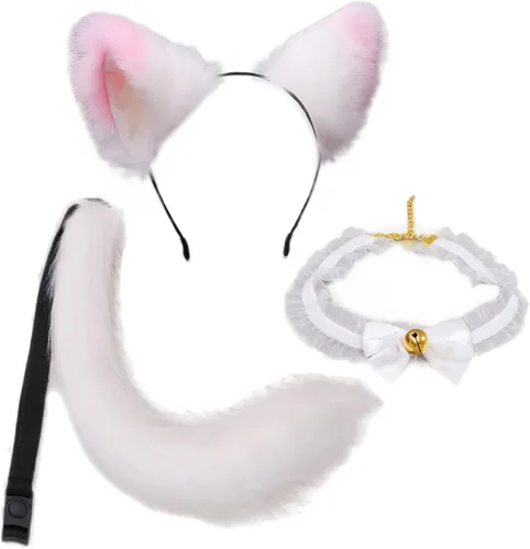 Vista 2 de Juego de guantes de piel sintética con cuello y gargantilla de orejas y cola de gato, zorro, lobo, diadema de gatos peludos, disfraz de Halloween