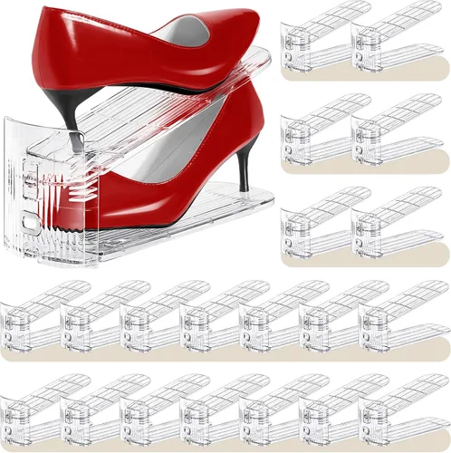 Vista 11 de Organizador de ranuras para zapatos, paquete de 10 unidades, apiladores de zapatos, 3 niveles ajustables, ahorro de espacio del 50%, soportes