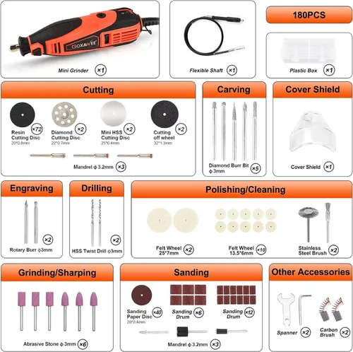 Vista 6 de Kit de herramienta giratoria GOXAWEE con 180 accesorios para herramienta giratoria y eje flexible y pinza universal, 5 velocidades variables Kit