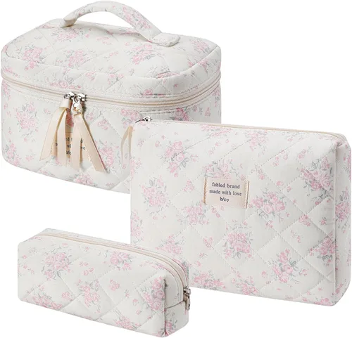 Vista 11 de uekeboag - Bolsa de maquillaje grande de viaje acolchada para mujer, neceser de algodón con estampado floral, neceser con estampado floral