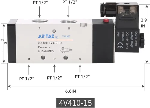 Vista 2 de Válvula solenoide AirTAC Airvexalon DC12V 4V410-15 1/2"PT neumática de aire, 2 posiciones, 5 vías, eléctrica de bobina simple operada por piloto