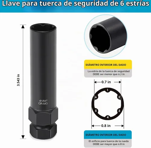 Vista 4 de GIREORAN Juego de 2 Llaves para Tuercas de Seguridad Pequeñas de 6 y 7 Estrías, Llave de Bloqueo de Rueda para Fácil Instalación y Remoción