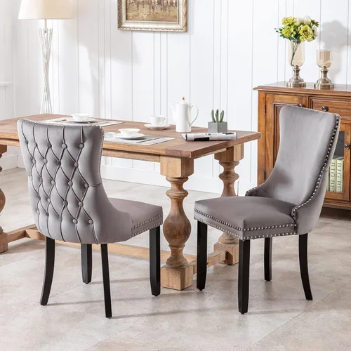 Vista 23 de mikibama Juego de 2 sillas de comedor tapizadas de terciopelo con respaldo de ala, sillas de comedor con patas de madera maciza con botón de cabeza