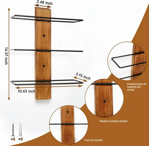 Vista 5 de Botellero de pared - Soporte de madera de pino para 12 botellas - Expositor para cocina, comedor, bar